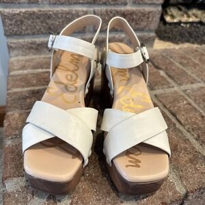 Sam Edelman Josefine Leather Upper Sandal Sz 5 1/2 wooden sole platform
